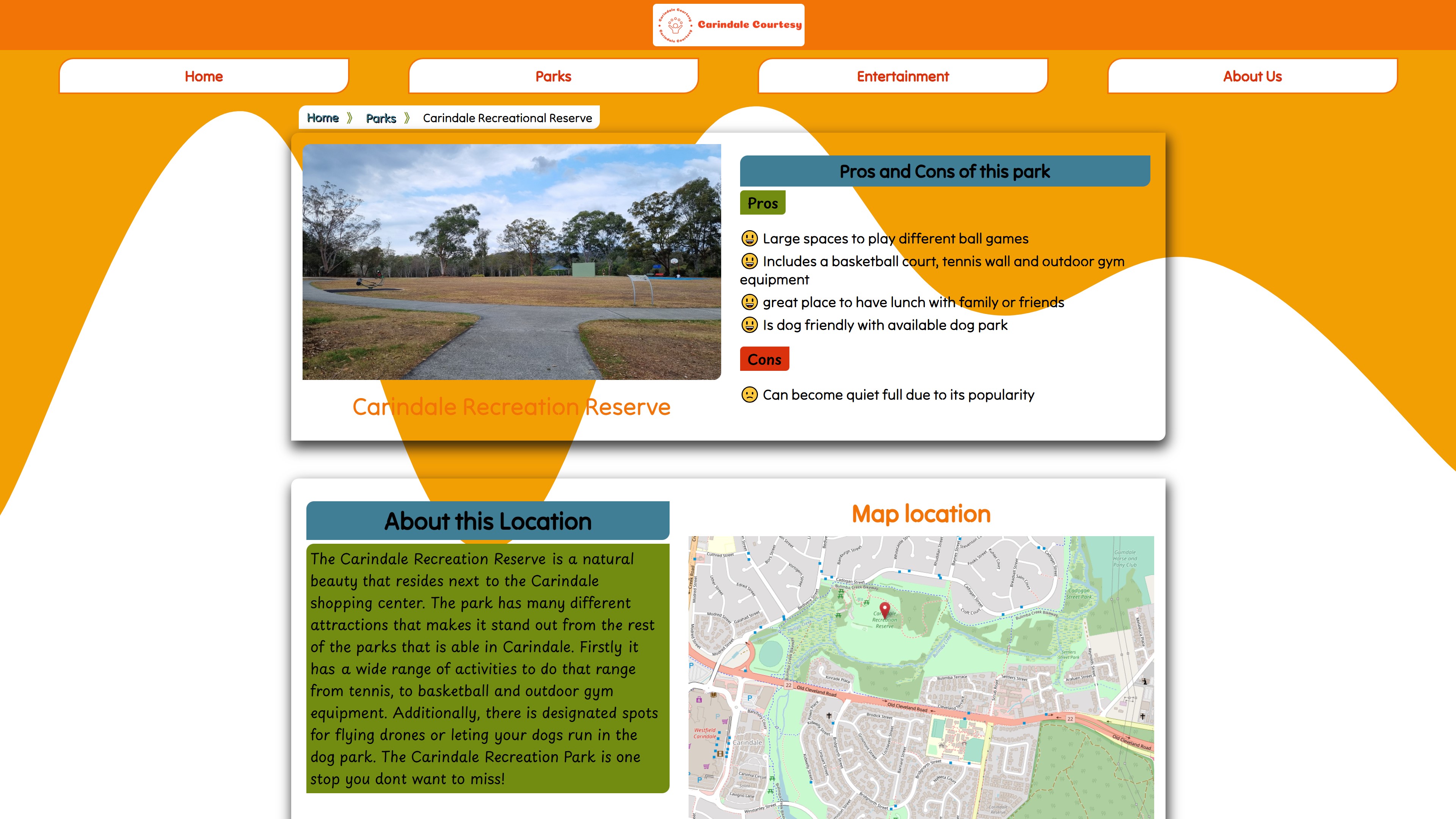 Screenshot of the Carindale Courtesy Website on the details webpage, where it shows details about a chosen locations.