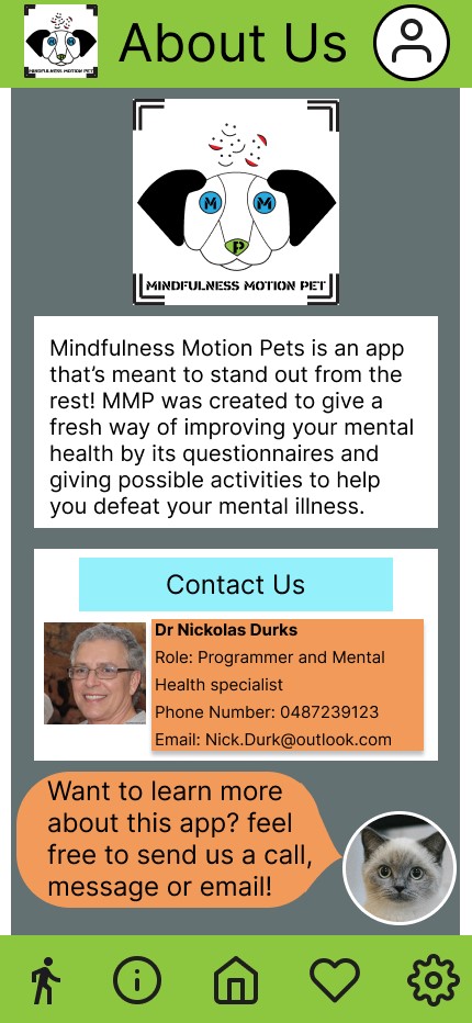 Screenshot of the About Us page that includes a brief description of the app and a section for contacting the creator of the app.