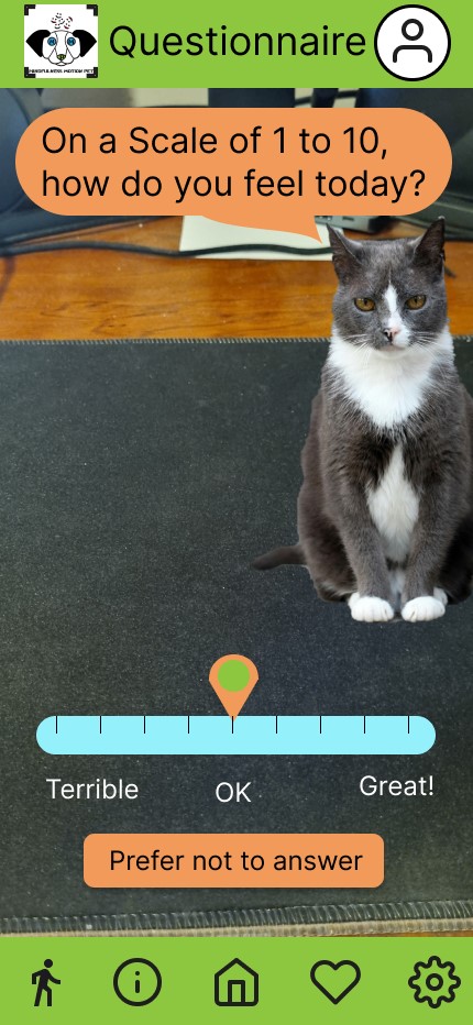 Screenshot of the AR view of the users cat companion asking questions to the user so the user can feel comfortable with a animal they might like listening to their answers.