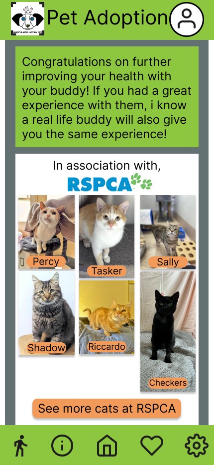 Screenshot of the pet adoption page where the user is able to view RSPCA cats available for adoption.