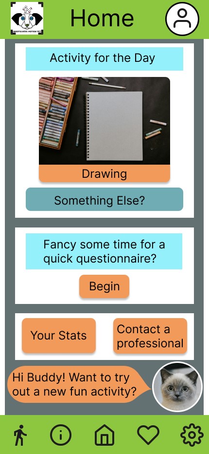 Screenshot of the home page that shows a recommended activity for the day, a ask for the user to answer questions and shortcuts to important locations in the app.