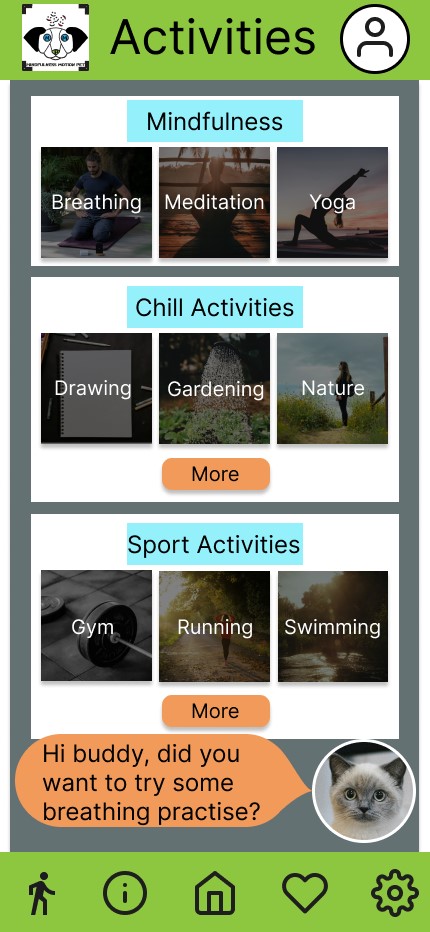 Screenshot of the Activities page where the user can choose many different activities to participate in that can include mindfulness, Chill and sport activities.