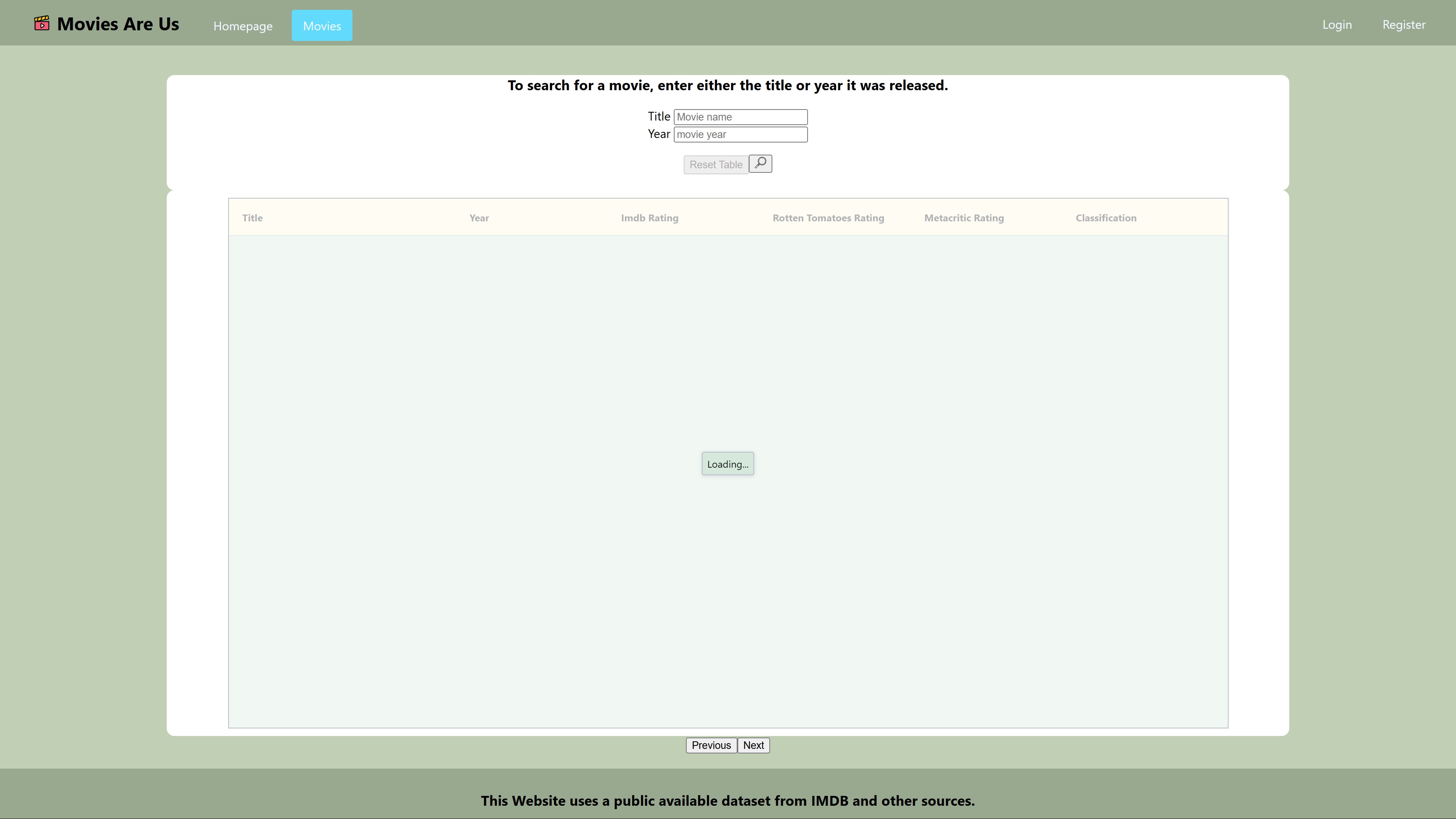 Screenshot of the Movie Website search page that includes a search parameters for querying the database.