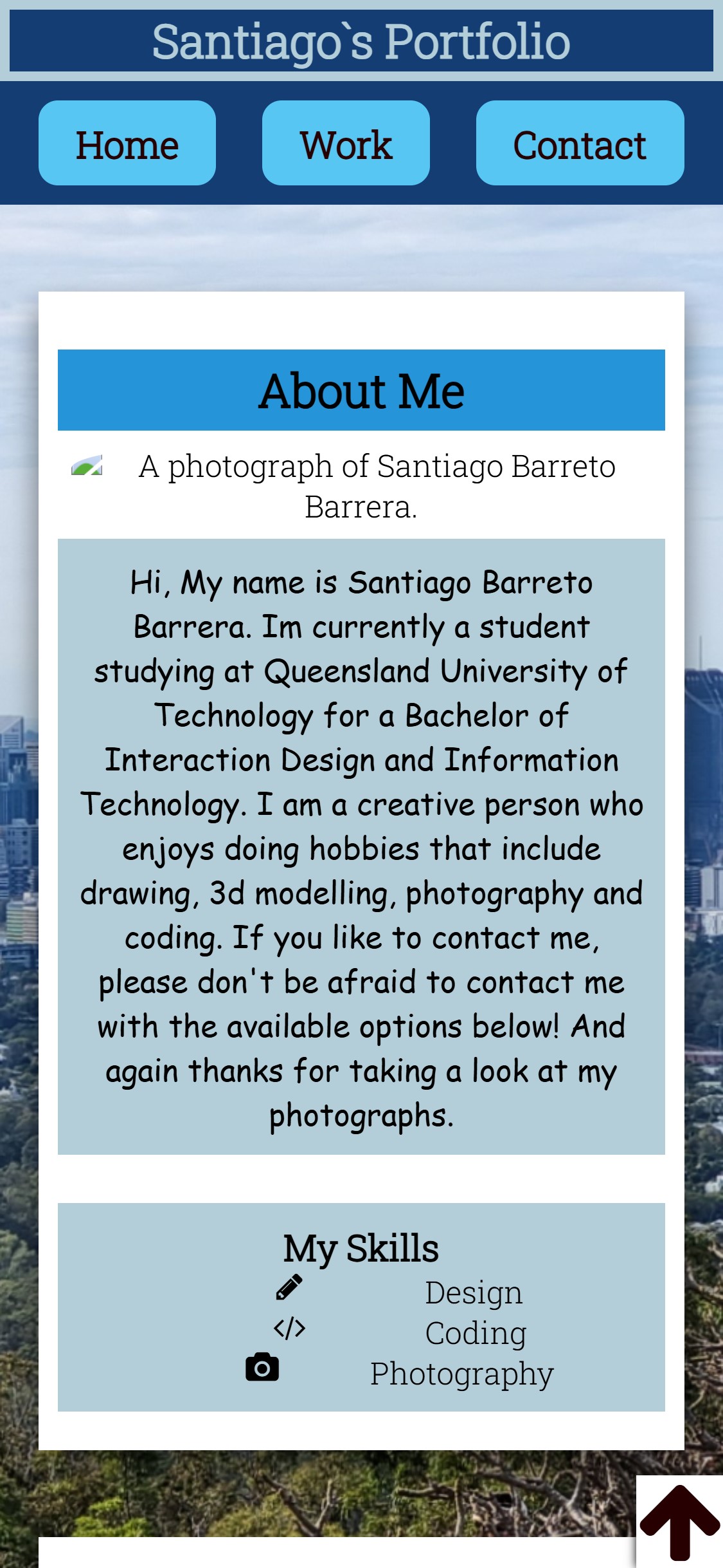 Screenshot of the Animal Portfolio Website that includes the About Me webpage that includes a summary about myself.