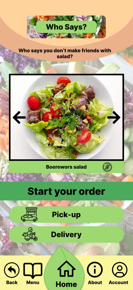 Screenshot of the homepage of the salad app that shows a image of one of the available salads, in addition to quick order buttons.