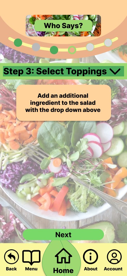 Screenshot of the toppings page where the user can select additional toppings to complement the salad.