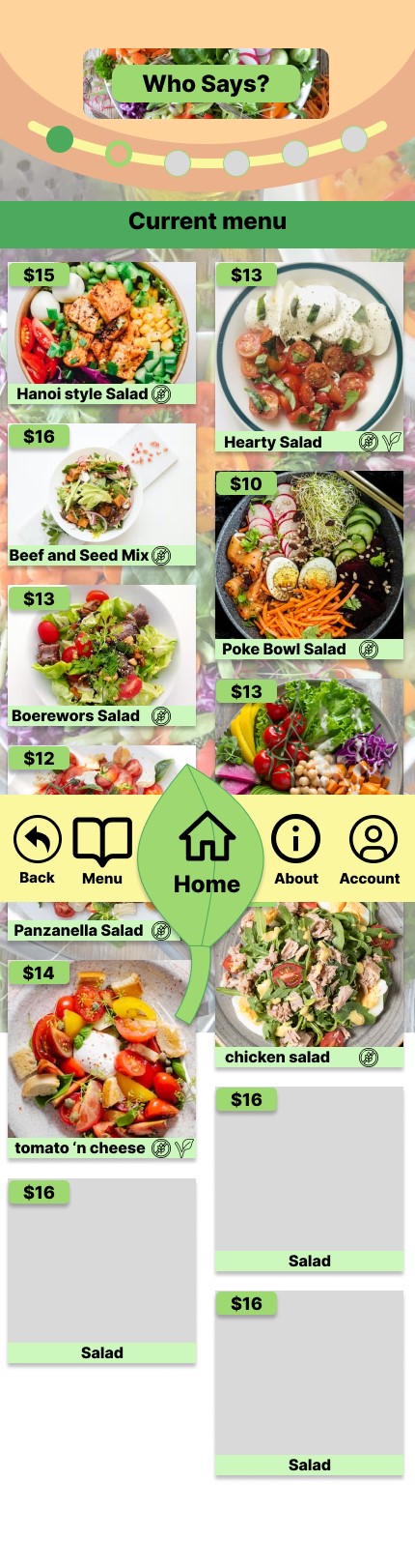 Screenshot of the current menu page that has a gallery of images that show all the available salad options.