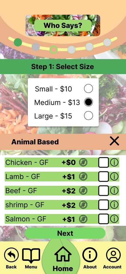 Screenshot of salad customisation page that has two sections, one with the size selection and the other the main ingredient for the salad.